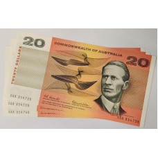 AUSTRALIA 1966 . TWENTY 20 DOLLARS BANKNOTES . COOMBS/WILSON . CONSEC TRIO . FIRST PREFIX XAA